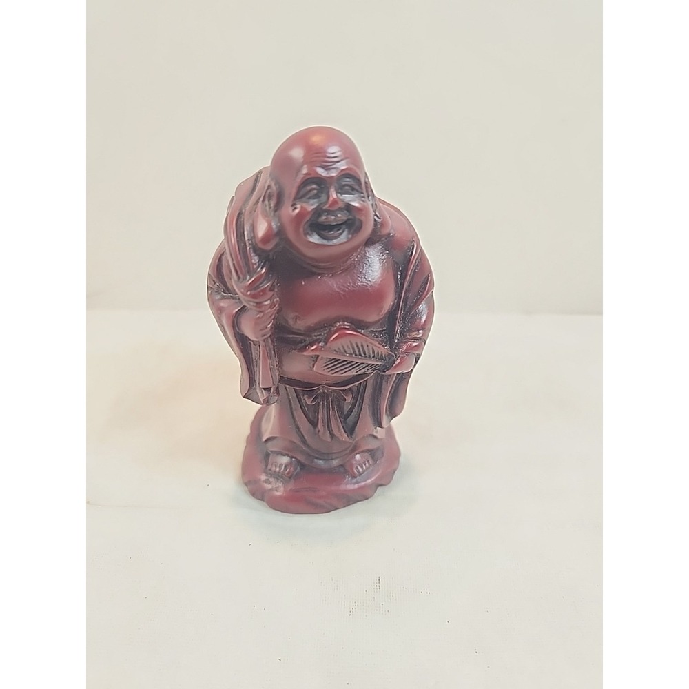 Vintage Happy Buddha Shichi Fukujin Lucky God Red Resin Figurine 3.75" X 1.75"
